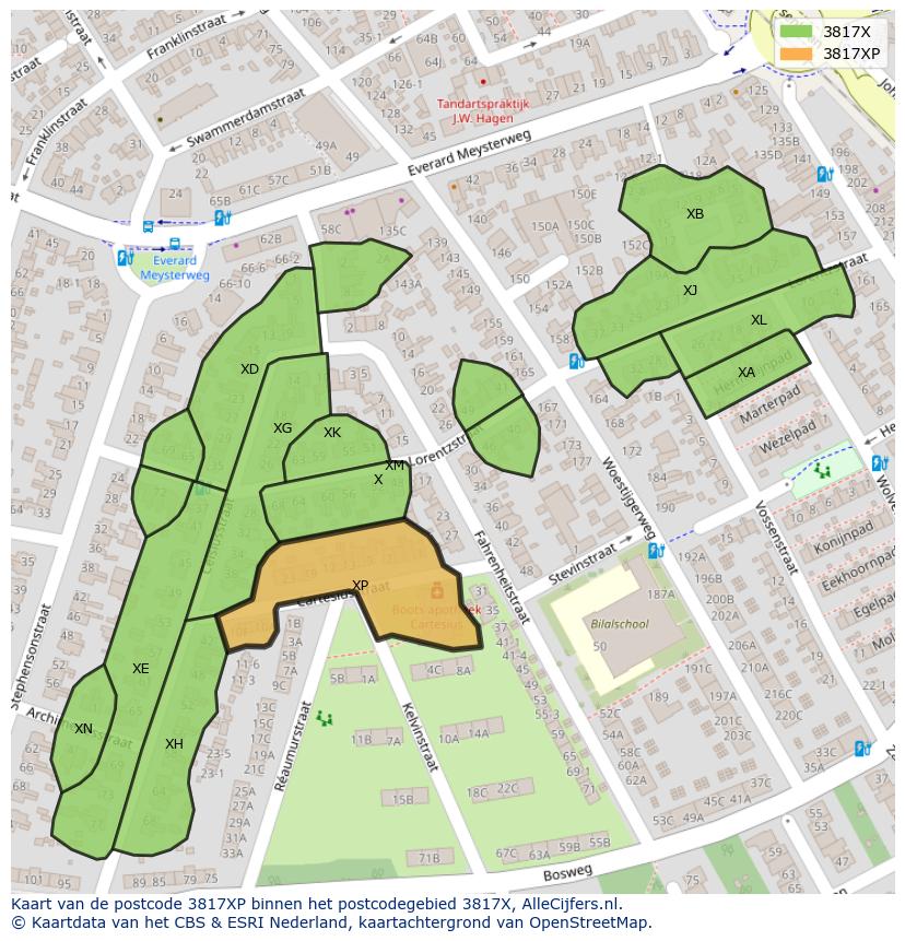 Afbeelding van het postcodegebied 3817 XP op de kaart.