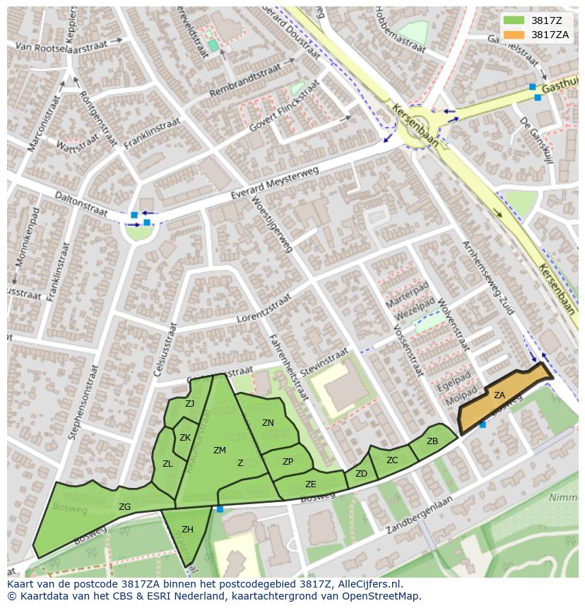 Afbeelding van het postcodegebied 3817 ZA op de kaart.
