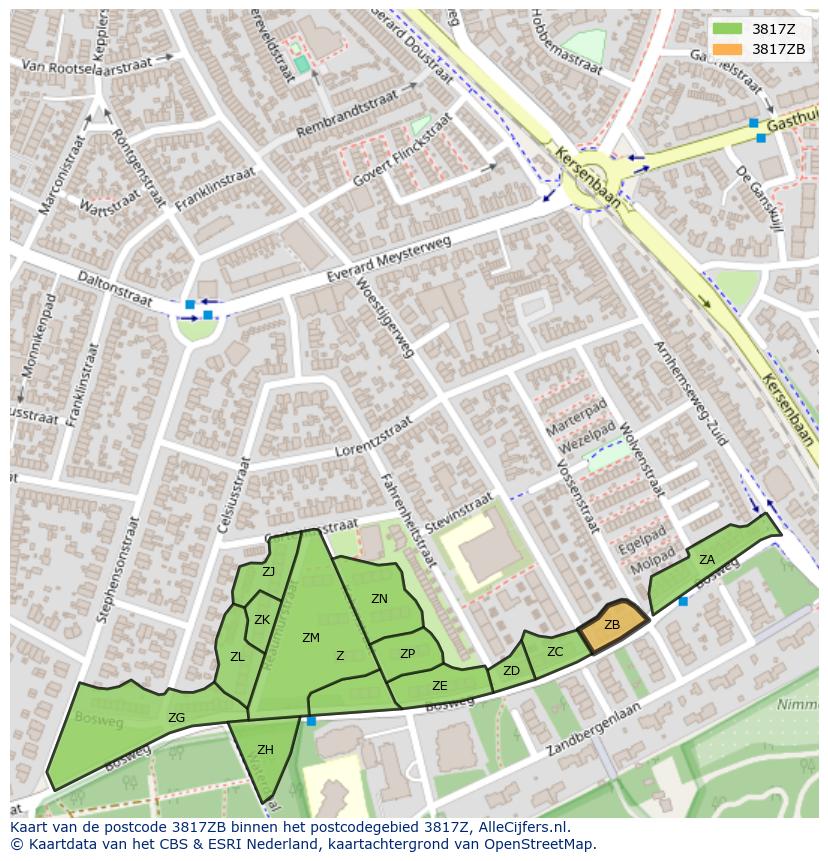 Afbeelding van het postcodegebied 3817 ZB op de kaart.