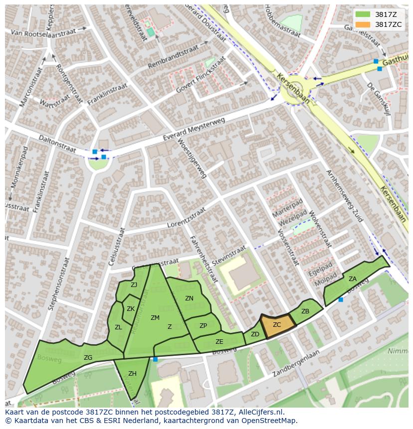 Afbeelding van het postcodegebied 3817 ZC op de kaart.