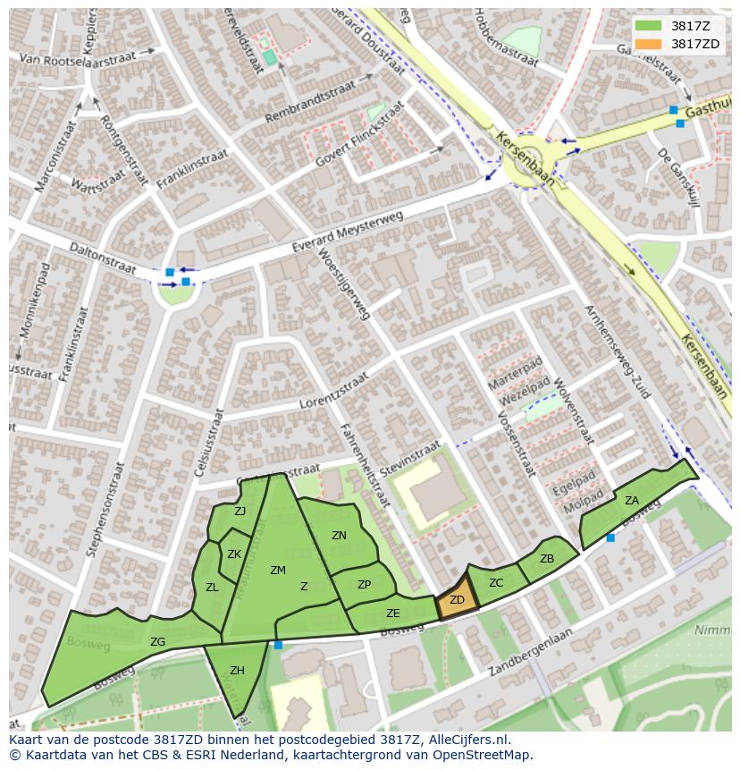 Afbeelding van het postcodegebied 3817 ZD op de kaart.