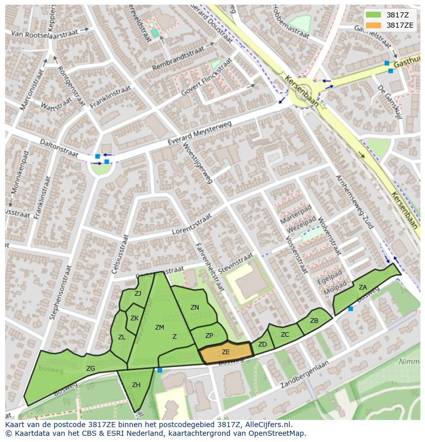 Afbeelding van het postcodegebied 3817 ZE op de kaart.