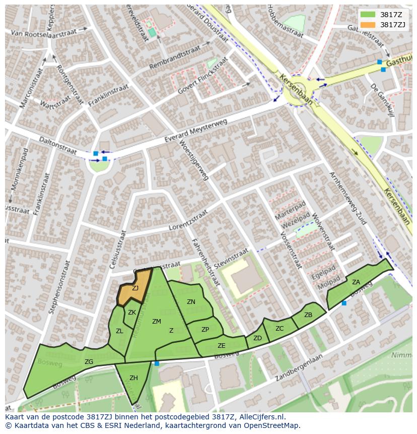 Afbeelding van het postcodegebied 3817 ZJ op de kaart.