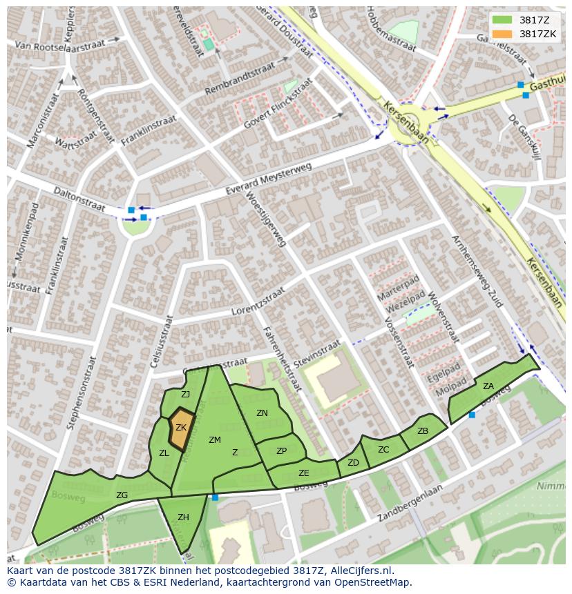 Afbeelding van het postcodegebied 3817 ZK op de kaart.