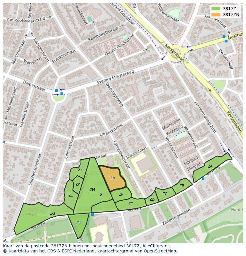 Afbeelding van het postcodegebied 3817 ZN op de kaart.
