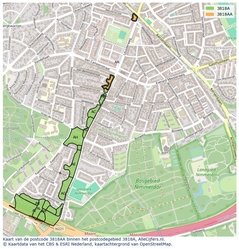 Afbeelding van het postcodegebied 3818 AA op de kaart.