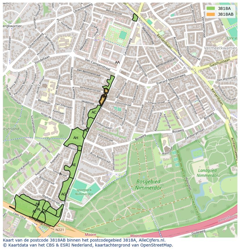Afbeelding van het postcodegebied 3818 AB op de kaart.