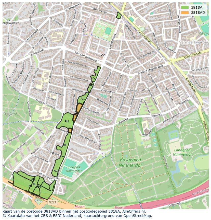 Afbeelding van het postcodegebied 3818 AD op de kaart.