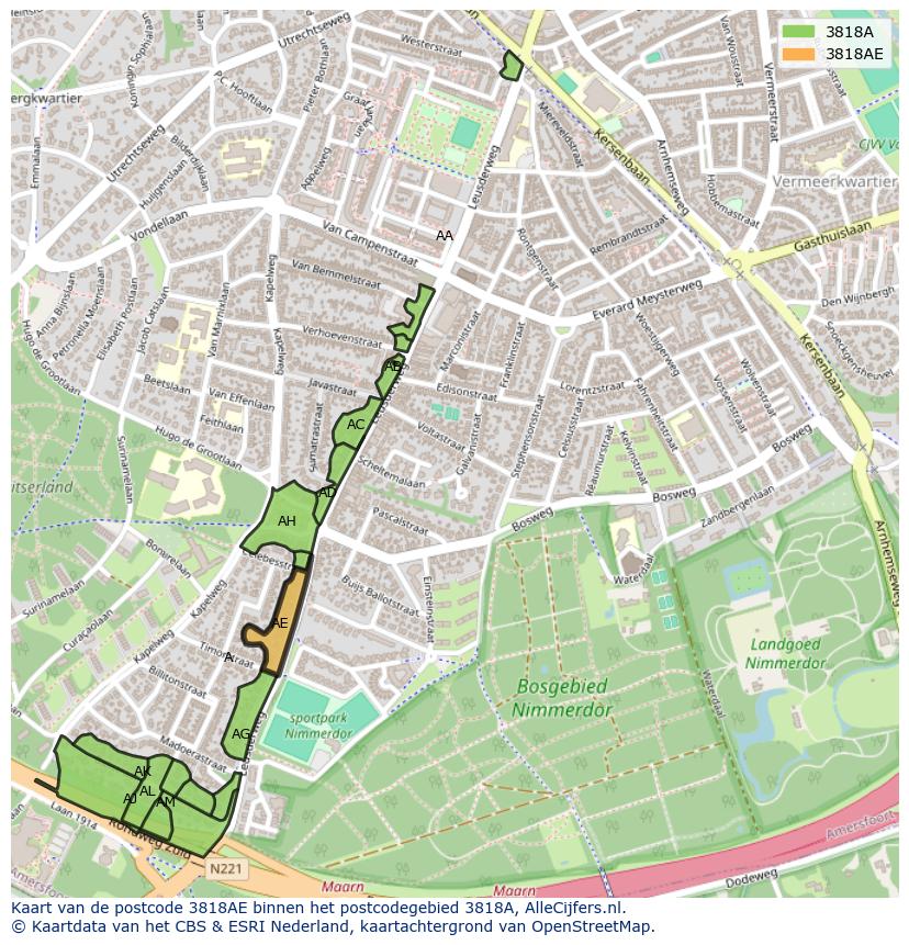 Afbeelding van het postcodegebied 3818 AE op de kaart.