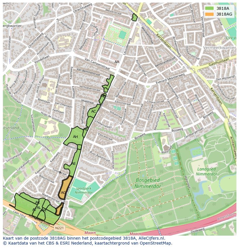 Afbeelding van het postcodegebied 3818 AG op de kaart.