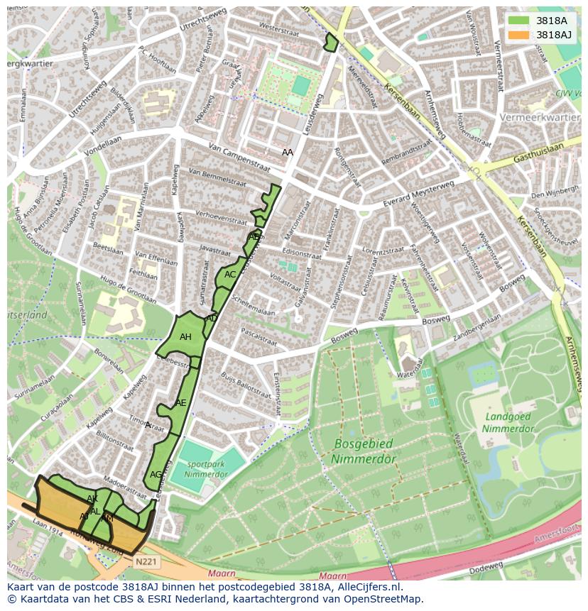 Afbeelding van het postcodegebied 3818 AJ op de kaart.