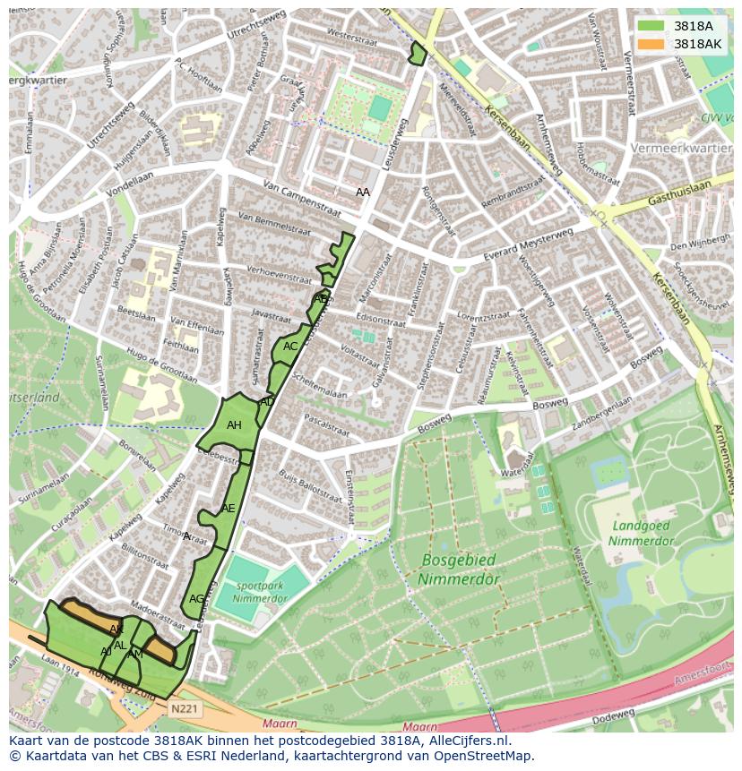 Afbeelding van het postcodegebied 3818 AK op de kaart.