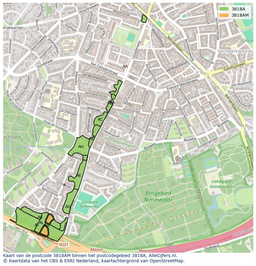 Afbeelding van het postcodegebied 3818 AM op de kaart.