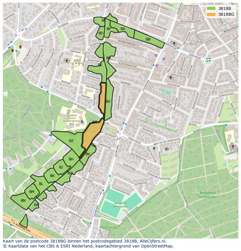 Afbeelding van het postcodegebied 3818 BG op de kaart.