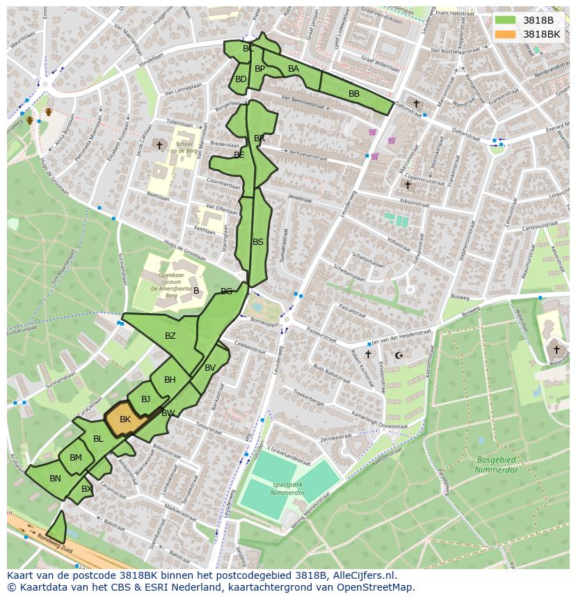 Afbeelding van het postcodegebied 3818 BK op de kaart.