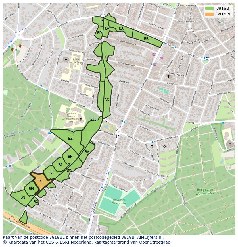Afbeelding van het postcodegebied 3818 BL op de kaart.