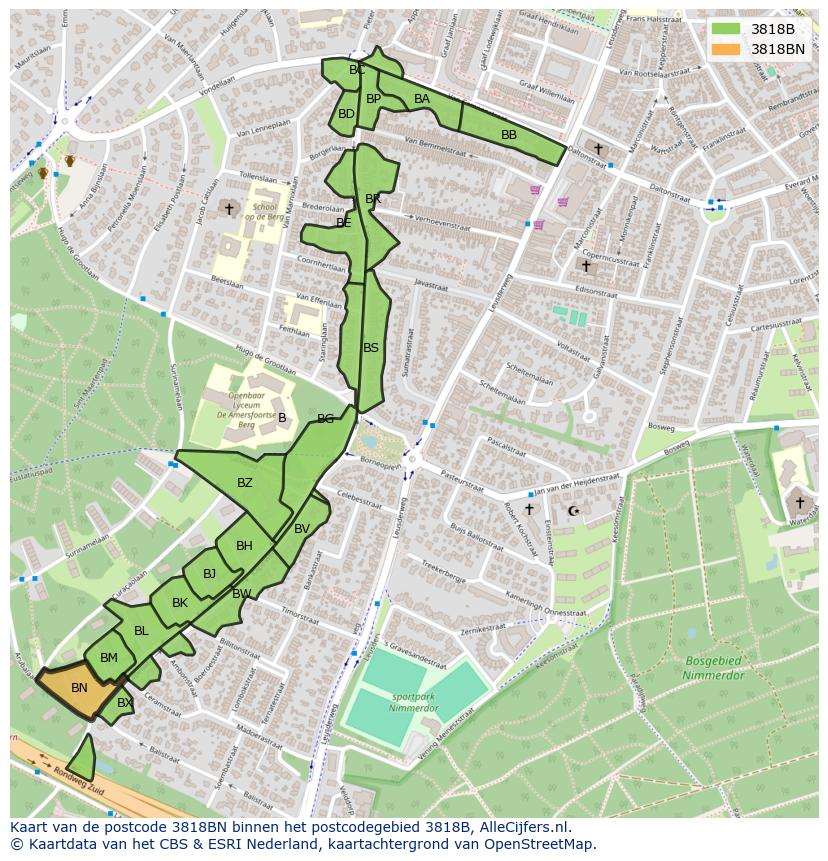 Afbeelding van het postcodegebied 3818 BN op de kaart.