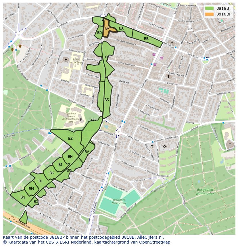 Afbeelding van het postcodegebied 3818 BP op de kaart.