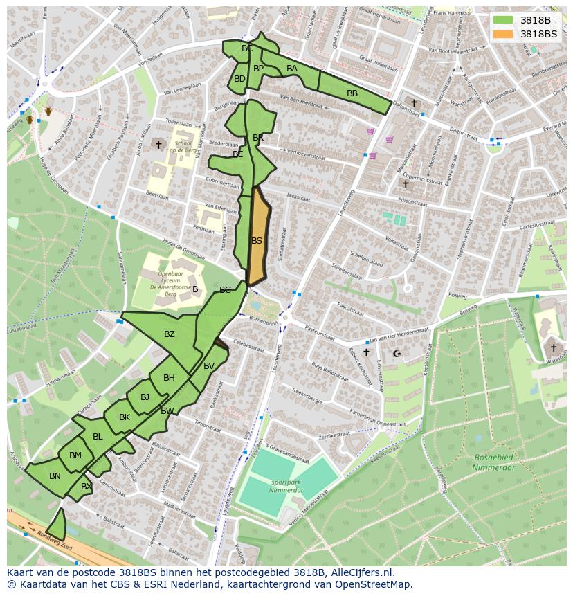 Afbeelding van het postcodegebied 3818 BS op de kaart.