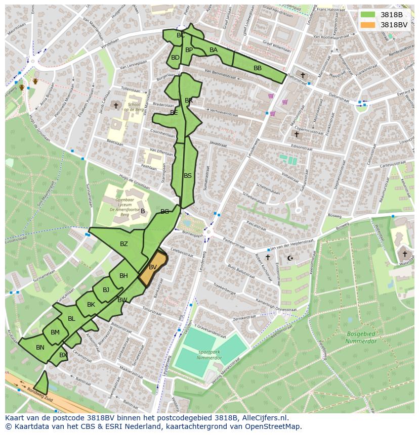 Afbeelding van het postcodegebied 3818 BV op de kaart.