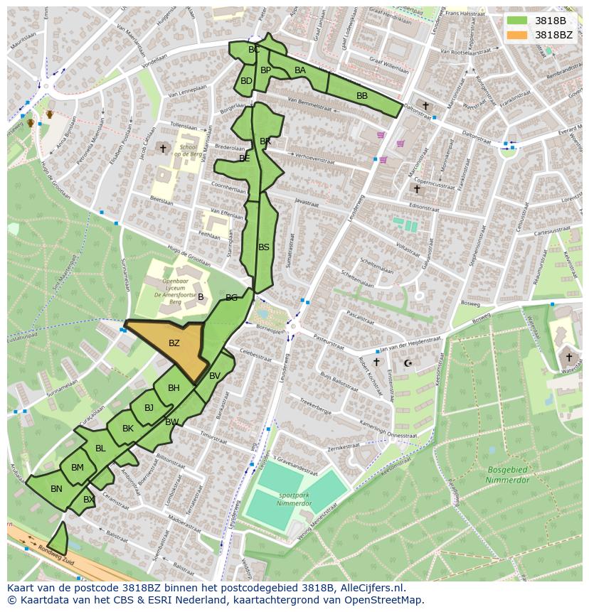 Afbeelding van het postcodegebied 3818 BZ op de kaart.