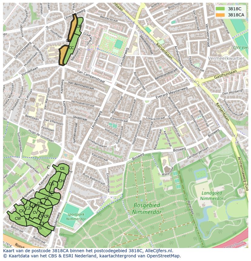 Afbeelding van het postcodegebied 3818 CA op de kaart.