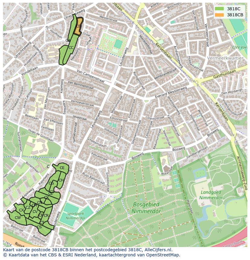 Afbeelding van het postcodegebied 3818 CB op de kaart.
