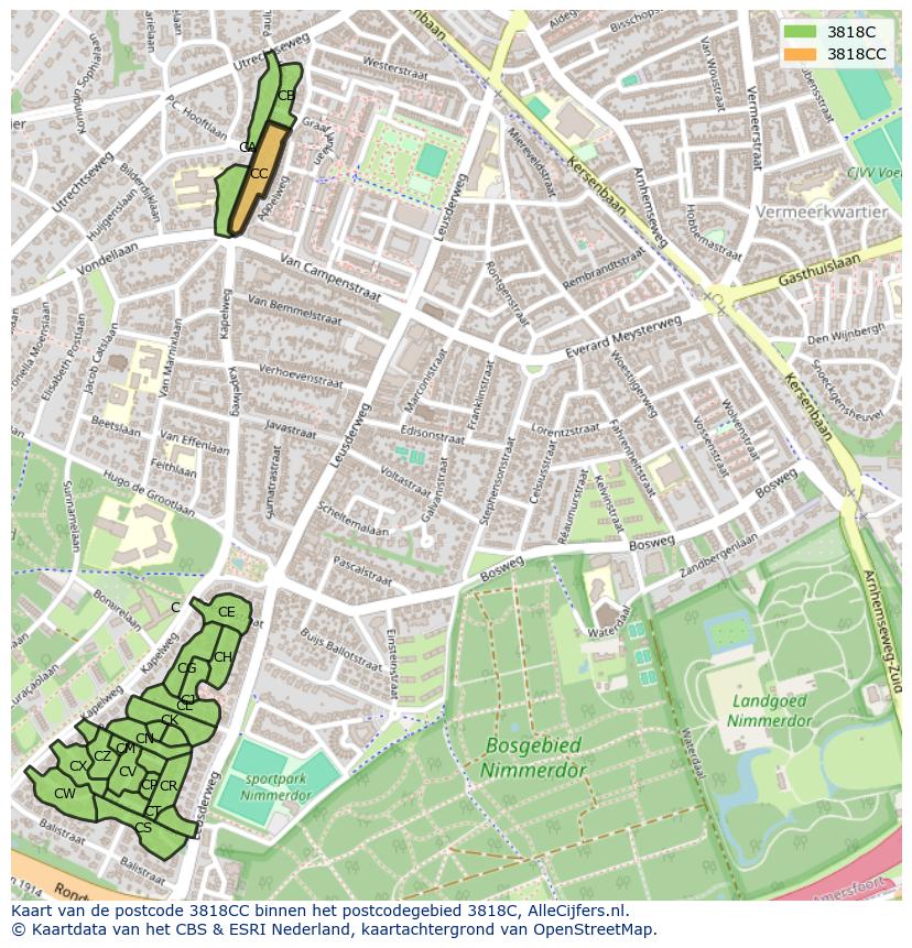 Afbeelding van het postcodegebied 3818 CC op de kaart.