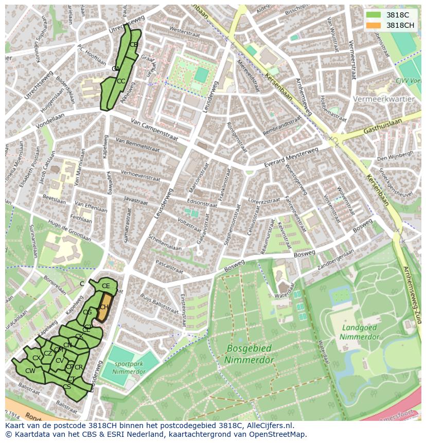 Afbeelding van het postcodegebied 3818 CH op de kaart.