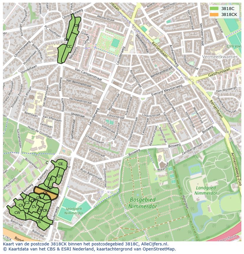 Afbeelding van het postcodegebied 3818 CK op de kaart.
