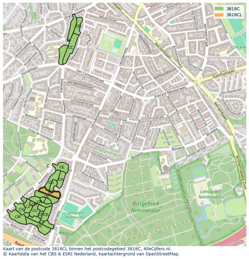 Afbeelding van het postcodegebied 3818 CL op de kaart.