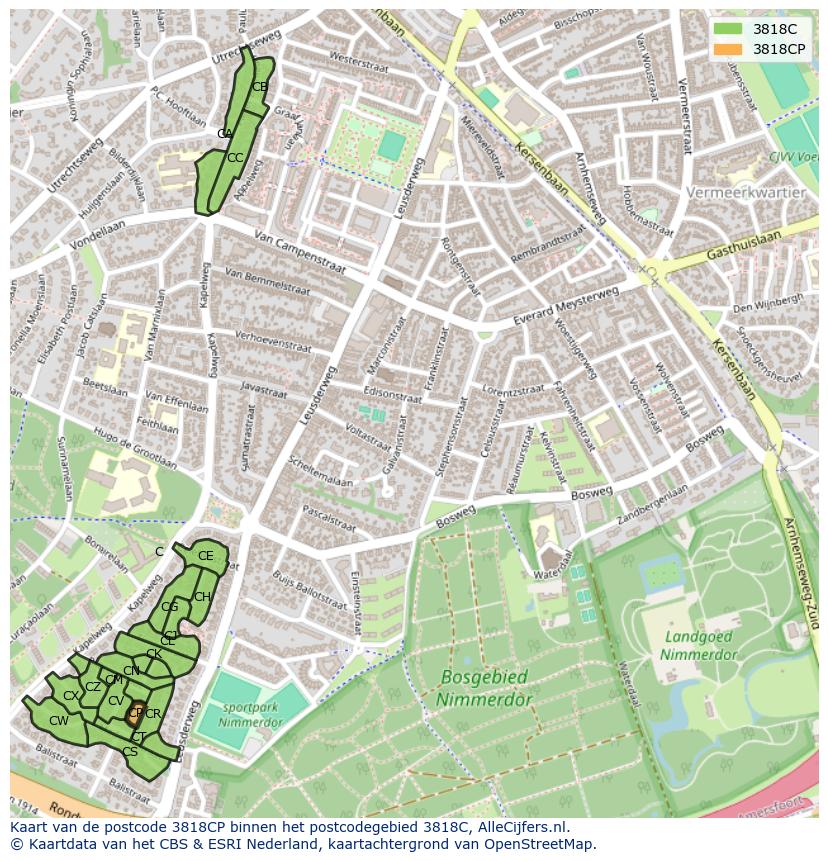 Afbeelding van het postcodegebied 3818 CP op de kaart.
