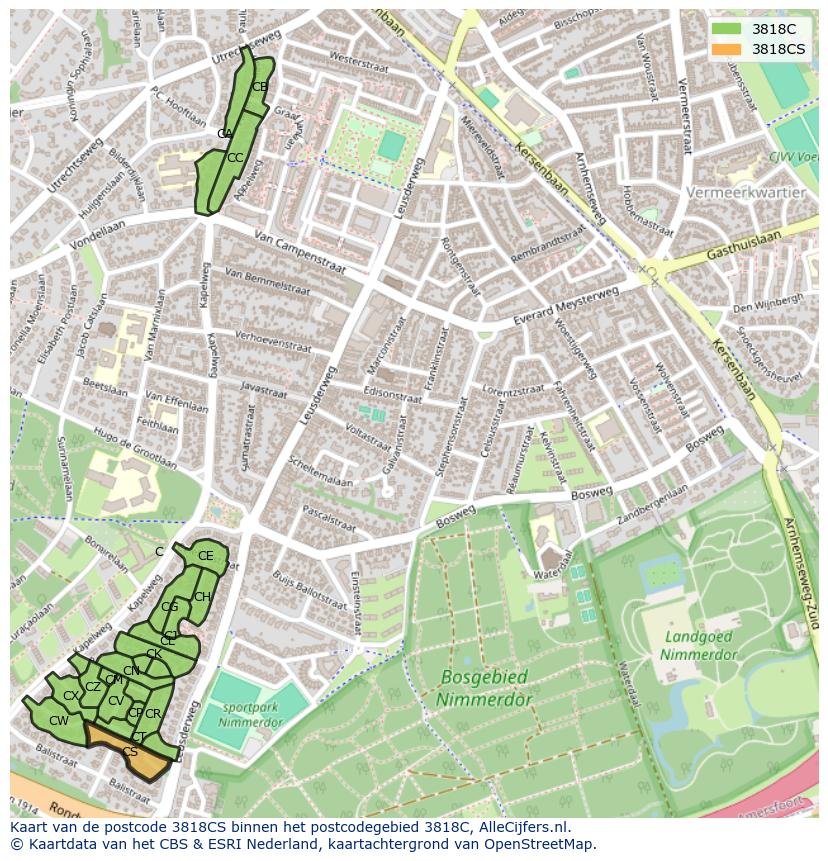 Afbeelding van het postcodegebied 3818 CS op de kaart.