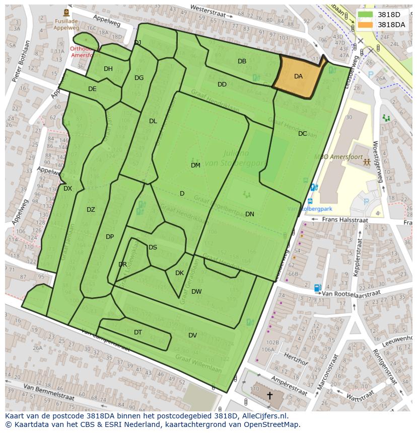 Afbeelding van het postcodegebied 3818 DA op de kaart.
