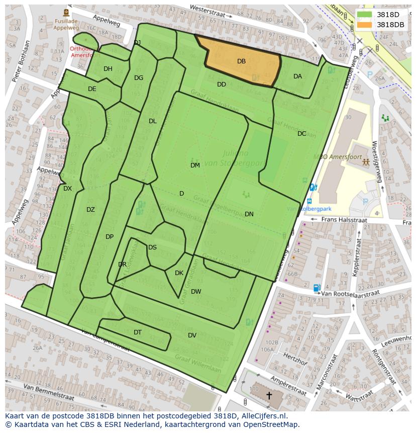 Afbeelding van het postcodegebied 3818 DB op de kaart.