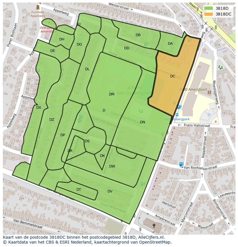 Afbeelding van het postcodegebied 3818 DC op de kaart.