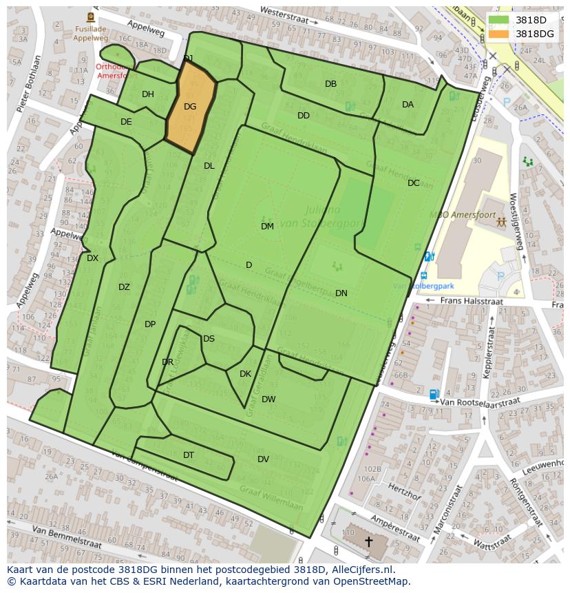 Afbeelding van het postcodegebied 3818 DG op de kaart.
