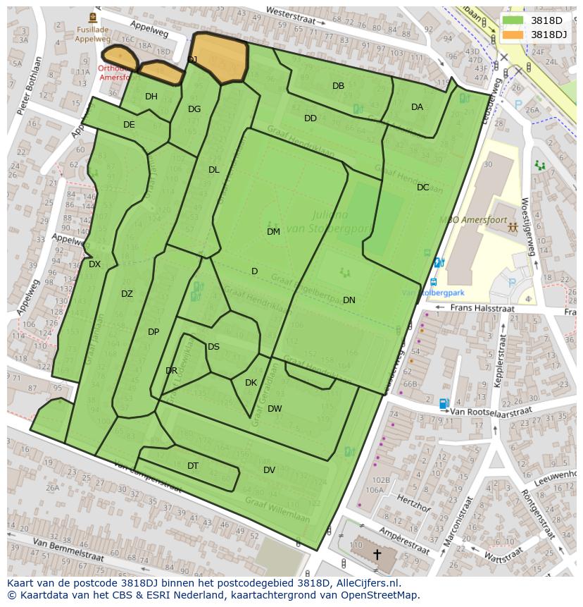 Afbeelding van het postcodegebied 3818 DJ op de kaart.