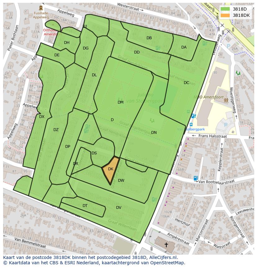 Afbeelding van het postcodegebied 3818 DK op de kaart.