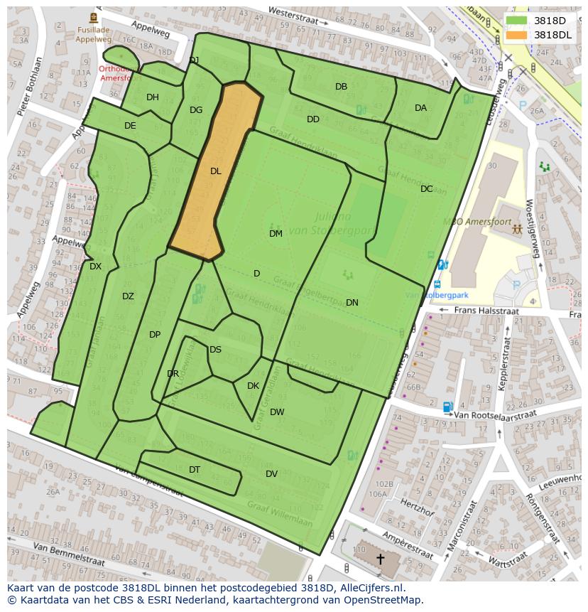 Afbeelding van het postcodegebied 3818 DL op de kaart.