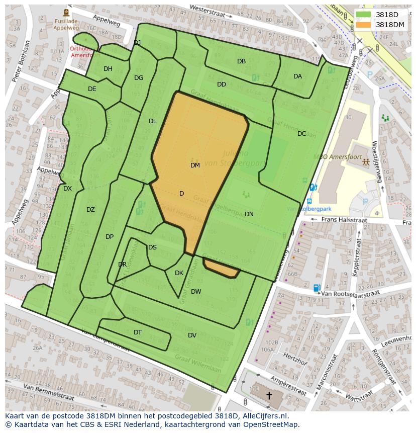 Afbeelding van het postcodegebied 3818 DM op de kaart.