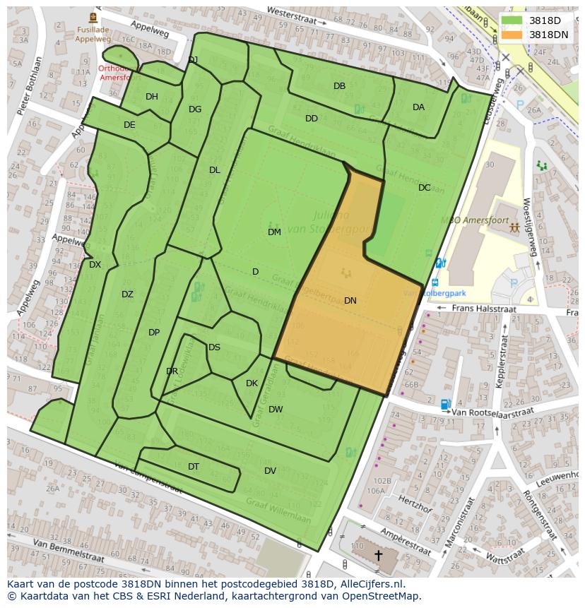 Afbeelding van het postcodegebied 3818 DN op de kaart.