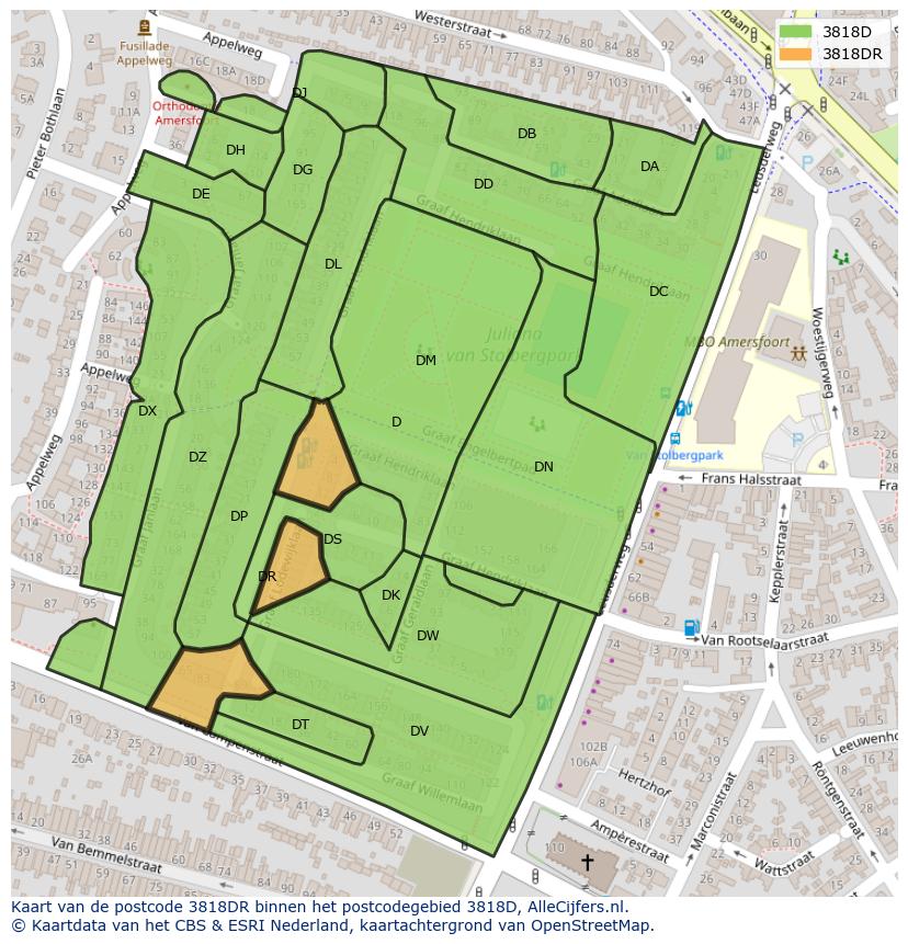 Afbeelding van het postcodegebied 3818 DR op de kaart.