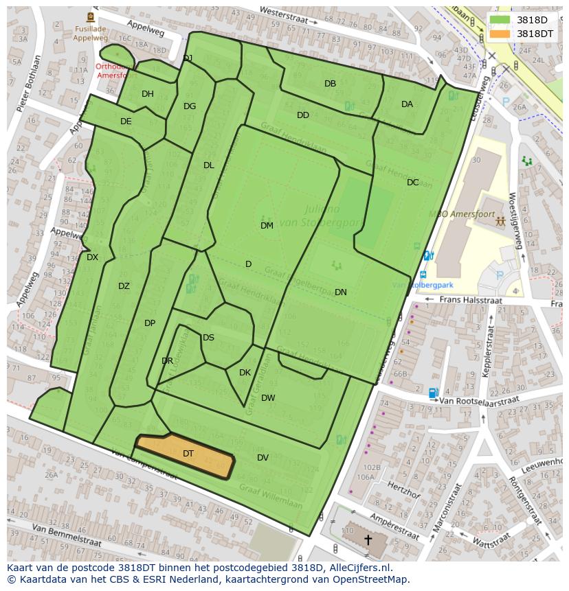 Afbeelding van het postcodegebied 3818 DT op de kaart.