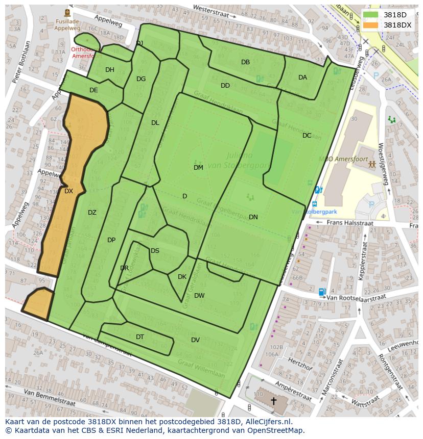 Afbeelding van het postcodegebied 3818 DX op de kaart.