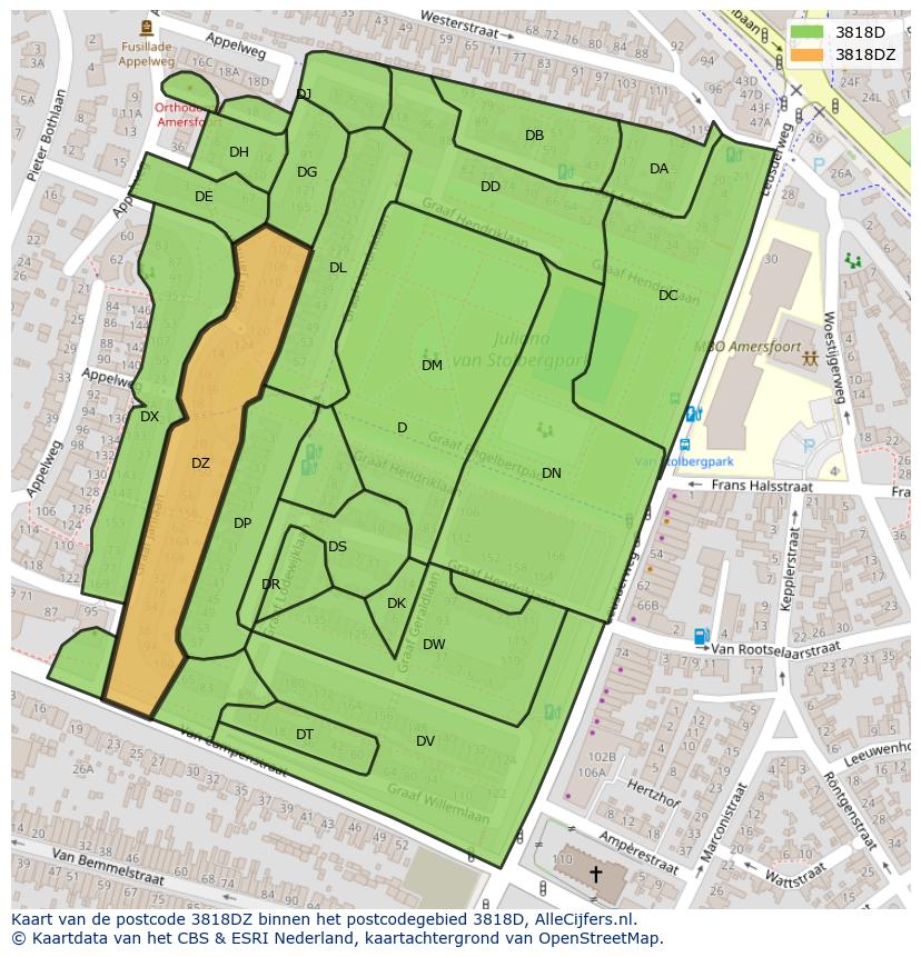 Afbeelding van het postcodegebied 3818 DZ op de kaart.