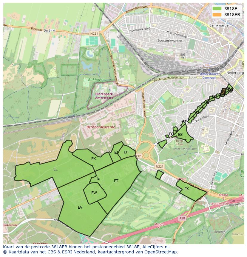 Afbeelding van het postcodegebied 3818 EB op de kaart.