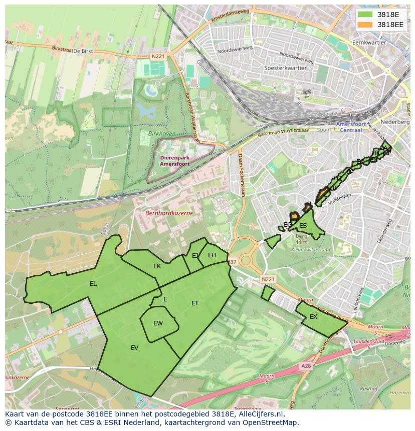 Afbeelding van het postcodegebied 3818 EE op de kaart.