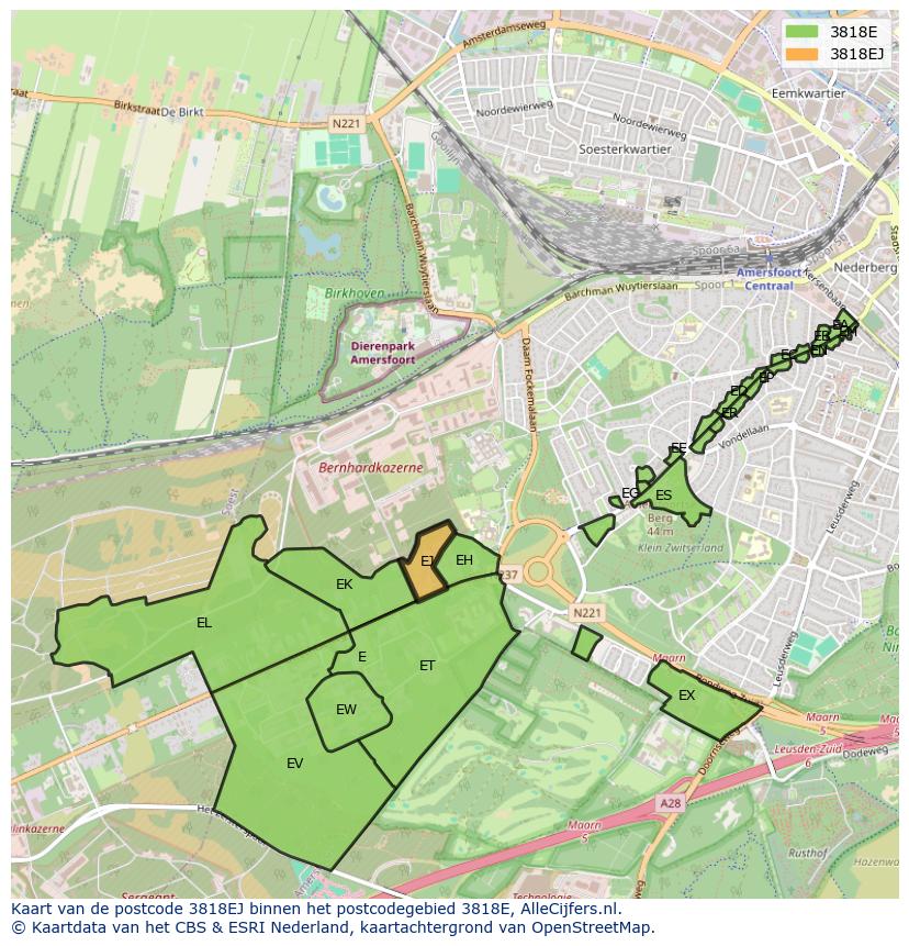 Afbeelding van het postcodegebied 3818 EJ op de kaart.