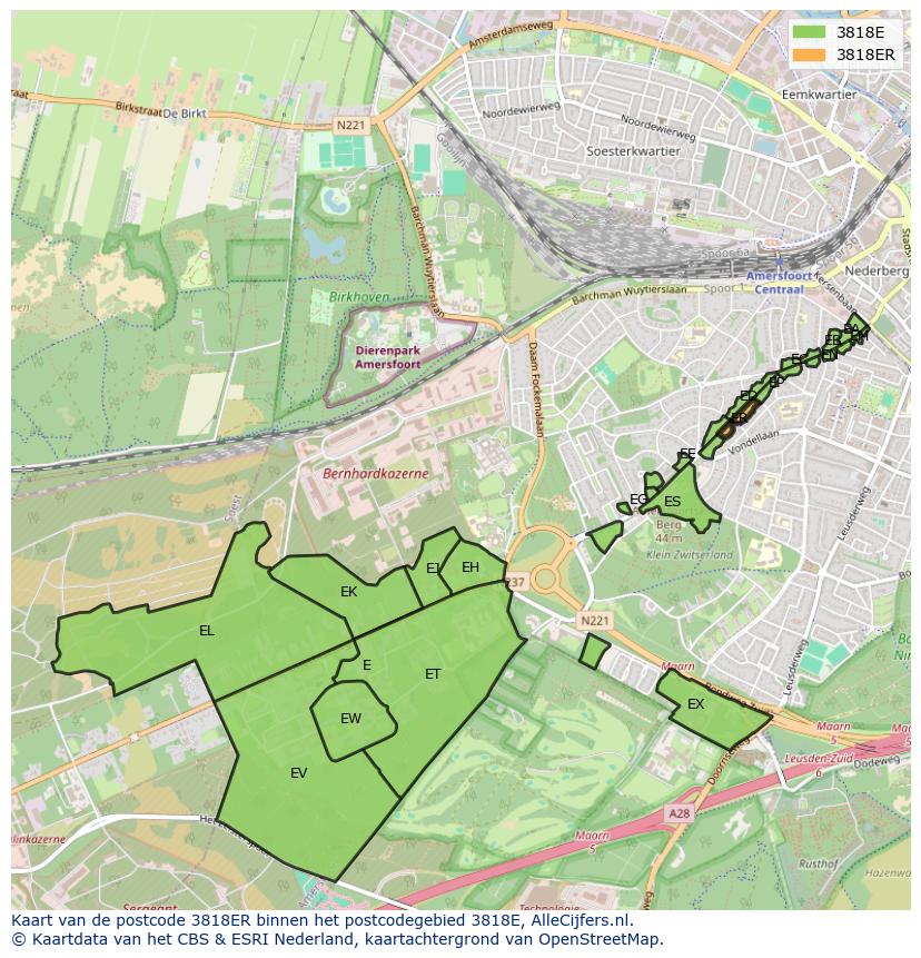 Afbeelding van het postcodegebied 3818 ER op de kaart.